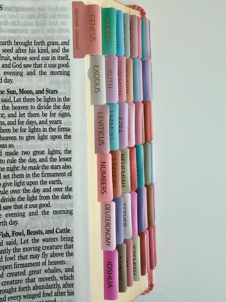 May include: A book with multi-colored adhesive index tabs attached to the page edges. The tabs are arranged in columns and rows, featuring printed text such as Genesis, Exodus, Leviticus, Numbers, Deuteronomy, and Joshua in a sans-serif font.