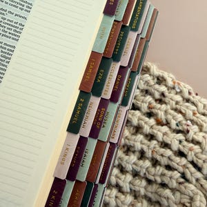 May include: Open Bible with colorful, textured tabs labeled with book names. The tabs are in shades of burgundy, green, brown, and pink. The book is open to a page with text and lines. A knitted beige blanket is in the background.