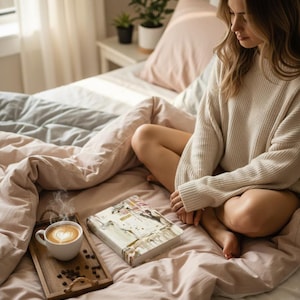 May include: A white ceramic mug filled with latte art coffee sits on a rectangular wooden tray with rope handles, accompanied by scattered coffee beans and a hardcover book with a multi-colored abstract floral cover design on a bed.