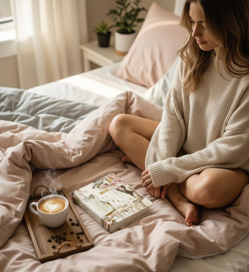 May include: A white ceramic mug filled with latte art coffee sits on a rectangular wooden tray with rope handles, accompanied by scattered coffee beans and a hardcover book with a multi-colored abstract floral cover design on a bed.