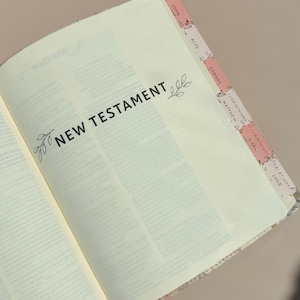 May include: An open book showing the title page for the New Testament in black text with small leaf illustrations. The page edges feature pink and white patterned tabs labeled with book names including John, Acts, Romans, and Corinthians.