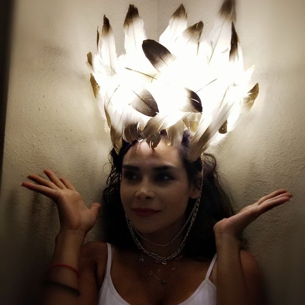 Luminous Angel Feather Crown, Burning Man Headdress, Festival Headpiece, Carnival, Halloween Costume