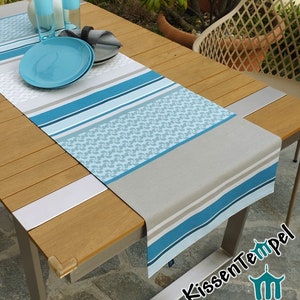 Elegant &quot;Palazzo&quot; table runner with a sophisticated Scandinavian pattern. Double-layered! Petrol, blue-green, light gray, mint green, and white for your autumn decor.