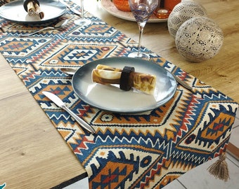 Chemin de table oriental "Layla", look kilim, double épaisseur !! en option avec des pompons, style bohème, également comme couverture centrale