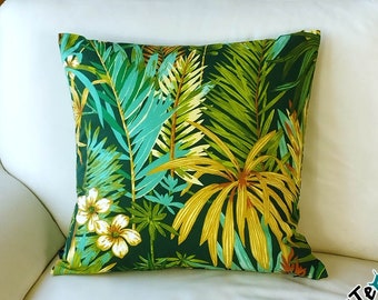 Housse de coussin tropical « Palm Beach », coussin décoratif, toutes tailles, jardin de palmiers en vert, turquoise, jaune moutarde et vert foncé, printemps, été