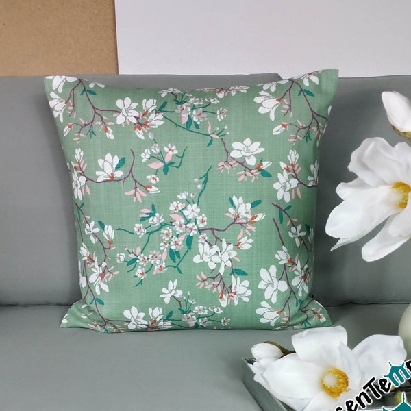 Housse de coussin printanier "Hanami", toutes tailles, fleurs de cerisier japonais sur fond vert menthe, coussin de canapé pour votre décoration printanière/décoration estivale