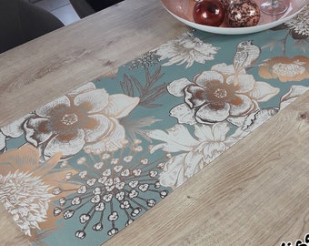 Elegant table runner &quot;Venezia&quot;, opulent flowers in brass look on a blue background, classy, Asian, autumn decoration, double-layered!