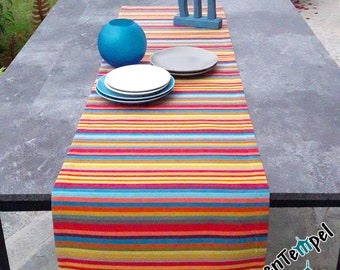 Véritable chemin de table d'extérieur "Caribe" - résistant aux intempéries et aux UV - rayures rouge orange jaune vert bleu, pour terrasse, balcon, jardin d'hiver