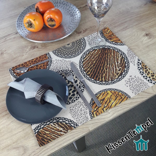 Set de table style africain "Mandala Africa" double épaisseur ! mandalas ronds remplis de motifs léopard et de motifs tigre, couleurs chaudes d'automne