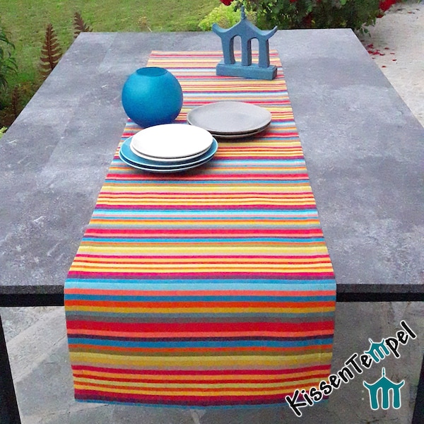 Echter Outdoor Tischläufer "Caribe" - wetterfest & UV-beständig - Streifen in Rot Orange Gelb Grün Blau, für Terrasse, Balkon, Wintergarten