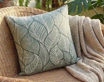 Sage green cushion cover "Fine Garden" with linen-like texture, leaf pattern in grey-green, reeds, for your summer decoration, all sizes
