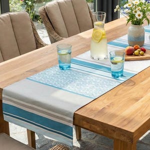 Elegant "Palazzo" table runner with a sophisticated Scandinavian pattern. Double-layered! Petrol, blue-green, light grey, mint green, and white for your spring decorations.