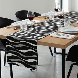 Exotic table runner / centerpiece "Savannah", zebra design in black/white, double-layered, stylish, modern, African, zebra pattern