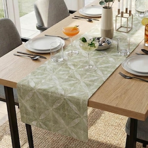 Caminho de mesa/centro de mesa estilo asiático "Bamboo" de camada dupla! Design geométrico moderno em tons de oliva e naturais, decoração de primavera.
