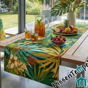 Tropical table runner "Palm Beach" palm garden in green, turquoise, mustard yellow and dark green. Centerpiece, perfect for your summer decorations, double-layered!