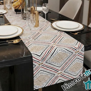 Camino de mesa/centro de mesa escandinavo "Zoe", patrón de rombos, beige, terracota, negro, amarillo mostaza para tu decoración moderna, ¡doble capa!