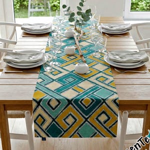 Modern table runner/centerpiece "Diamonds" with diamonds in yellow, orange, turquoise and blue, Scandinavian/Asian style table decoration, double-layered!
