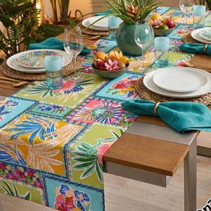 Tropical table runner "Hawaii" with exotic flowers and plants in a sophisticated patchwork design, perfect for cheerful Easter and spring decorations.