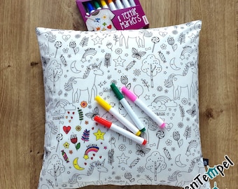 Pillowcase for children to color in &quot;Happy&quot; optional with 8 textile pens, gifts for girls & boys, pillows to color in, coloring pillow