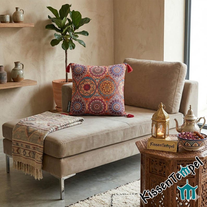 May include: A decorative pillow with a colorful, circular pattern and red tassels rests on a beige chaise lounge. A patterned throw blanket and a carved wooden side table with a candle lantern and teapot complete the scene.
