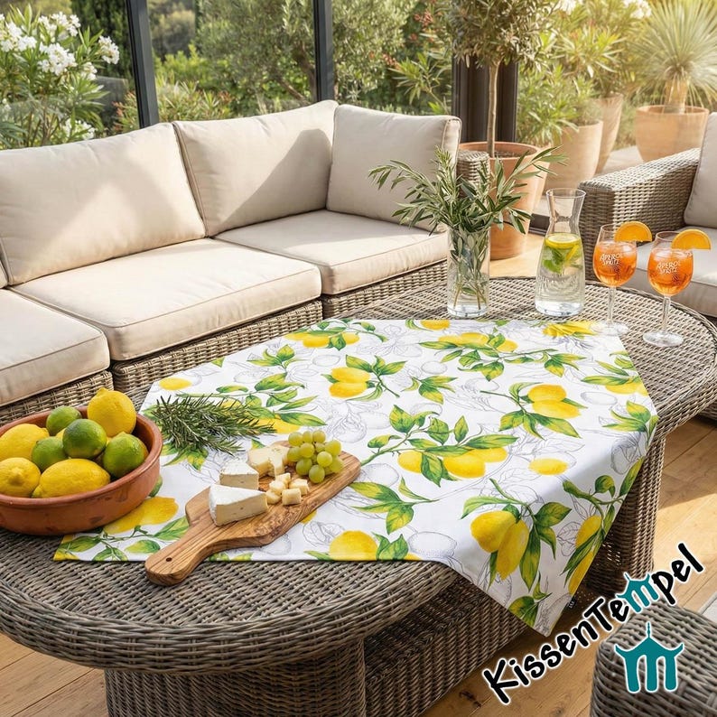 Lemon tablecloth "Citrus" with summery lemon motifs in Amalfi style, lemon yellow, summer wedding table decoration, double layered! image 2