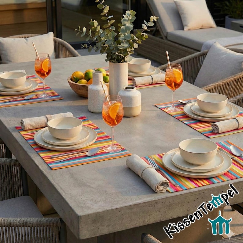 Puede incluir: Una mesa puesta con manteles individuales a rayas de colores, platos blancos, cuencos y servilletas. Copas de vino con rodajas de naranja y un jarr&oacute;n con vegetaci&oacute;n tambi&eacute;n est&aacute;n sobre la mesa. La escena sugiere una experiencia gastron&oacute;mica al aire libre.
