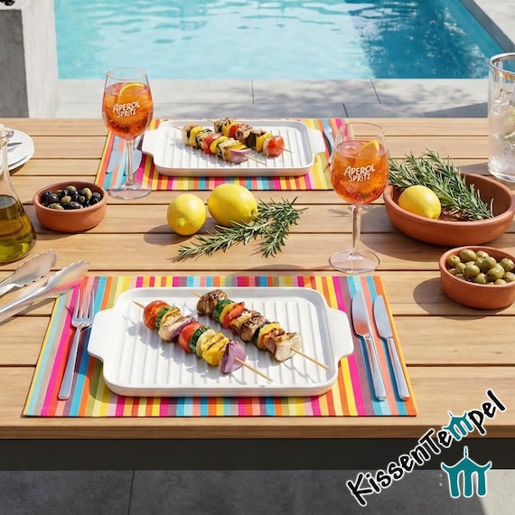 Echte Outdoor TischSets "Caribe", UV-beständig, wetterfest, mit TeflonBeschichtung, gestreift rot orange gelb grün blau türkis petrol pink