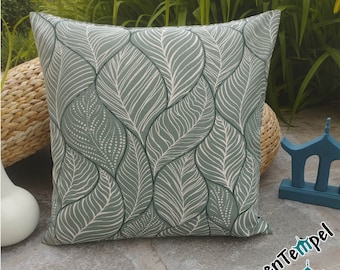 Sage green cushion cover &quot;Fine Garden&quot;, all sizes, with linen-like structure, leaf pattern in grey-green, reed, for your autumn decoration