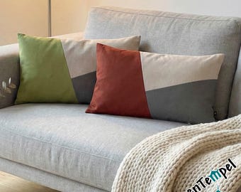 Elegant linen cushion cover "Design-Lotte", artfully arranged patchwork shapes and colors, special colors available, designer cushion