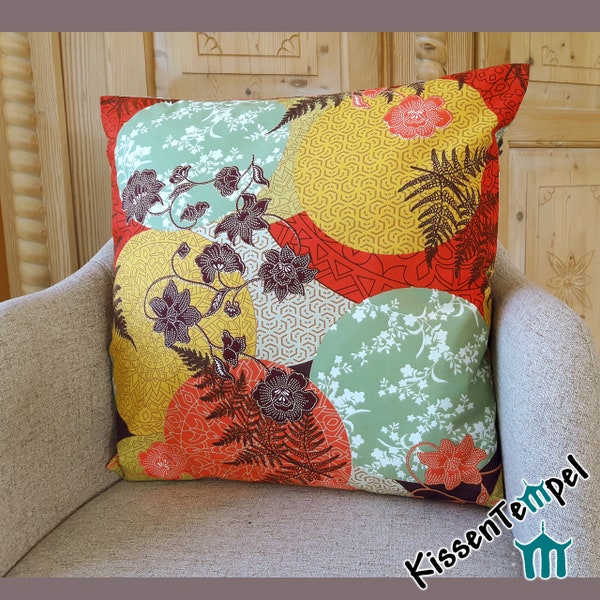 Housse de coussin asiatique "Mandala Indian Summer" toutes tailles, coussin de canapé avec mandalas asiatiques en rouge, orange, jaune et menthe, coussin décoratif