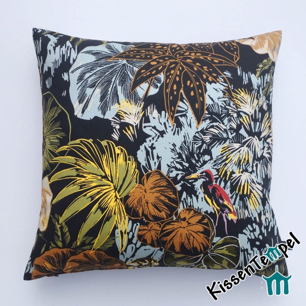 Housse de coussin exotique "Tropicana", toutes tailles, style jungle urbaine avec feuilles tropicales en cuivre noir vert bleu jaune, coussin de canapé