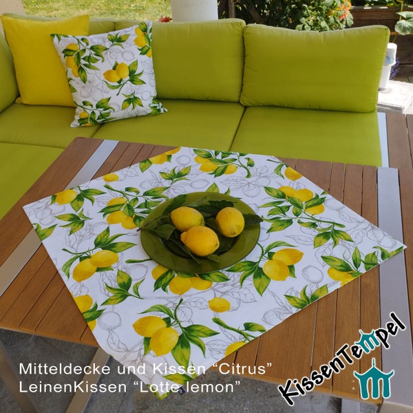 Zitronen Mitteldecke "Citrus"  doppellagig ! mit sommerlichen Zitronen-Motiven, weiß, zitronengelb, mediterran, Deko für Frühling und Sommer
