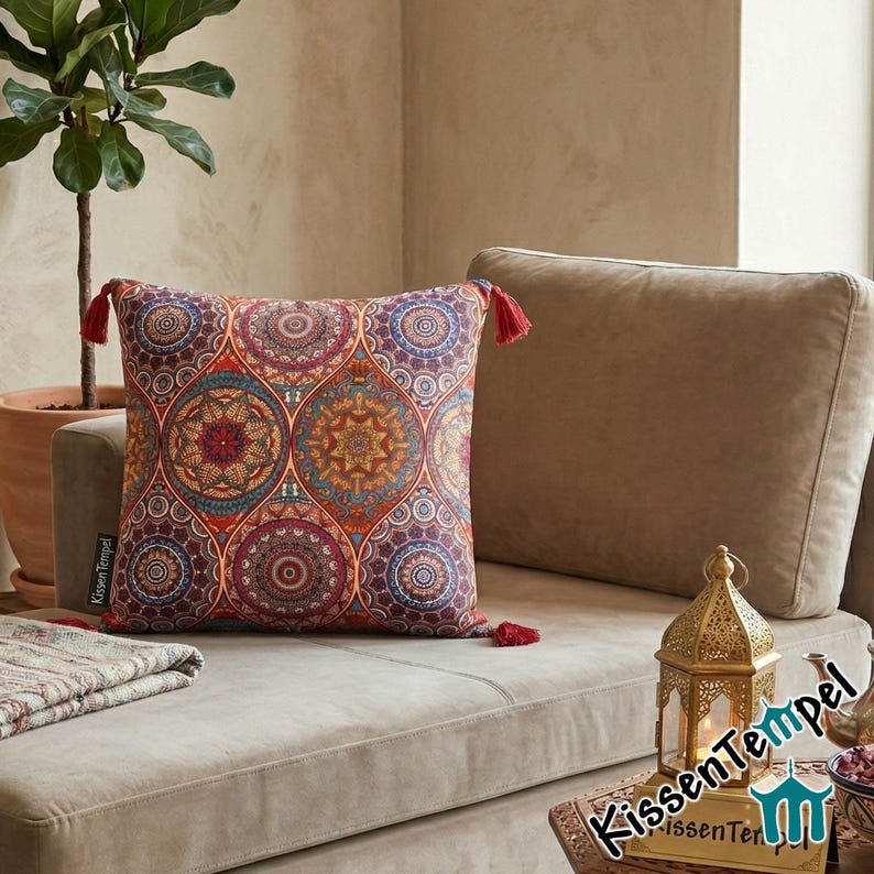 May include: Square decorative pillow with a colorful, intricate mandala pattern in shades of red, orange, blue, and purple. The pillow has red tassels on each corner. The pillow is on a beige sofa.