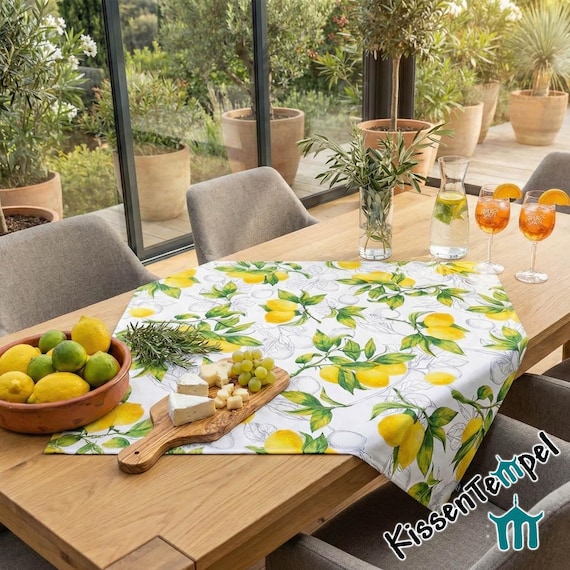 Zitronen-Mitteldecke "Citrus" mit sommerlichen Zitronen-Motiven im Amalfi-Style, zitronengelb, Sommer- Hochzeits-Tischdeko, doppellagig !