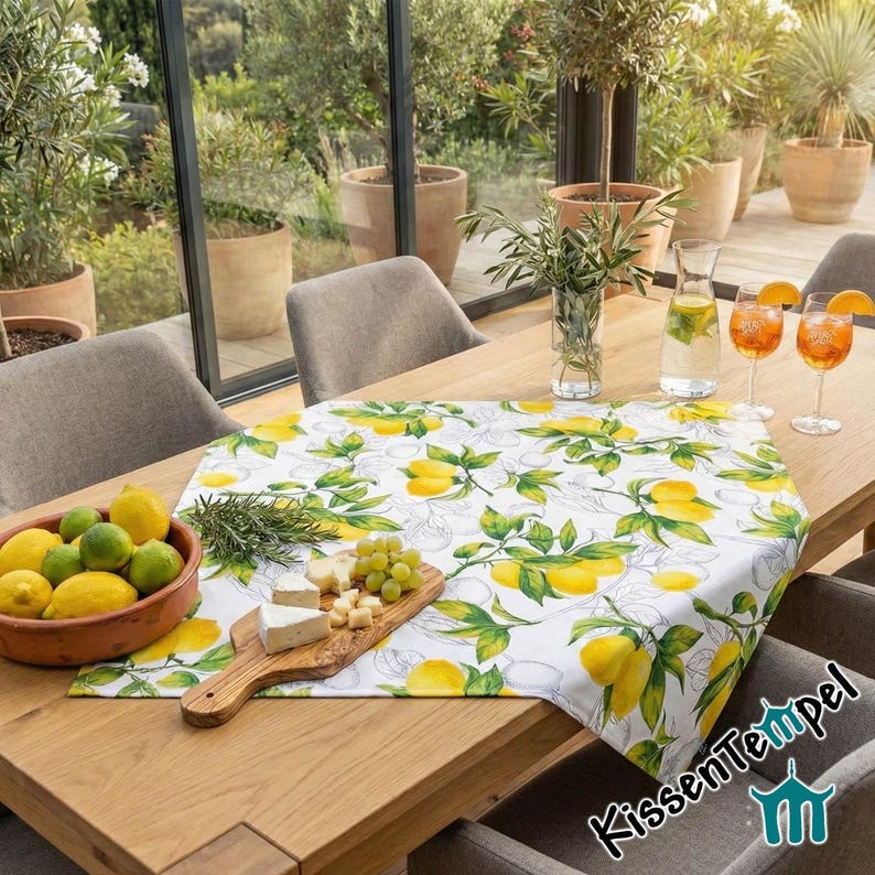 Lemon tablecloth "Citrus" with summery lemon motifs in Amalfi style, lemon yellow, summer wedding table decoration, double layered! image 1