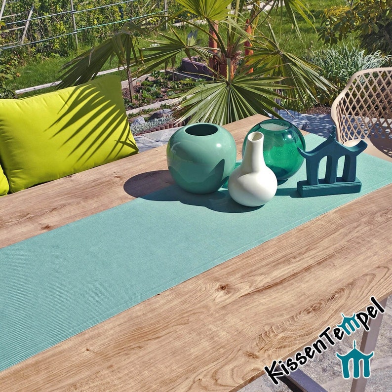 Echter Outdoor-TischLäufer Nizza, mintgrün oder grau, UV-beständig, wetterfest, wasserabweisend, für Terrasse Balkon Wintergarten Camping Bild 1