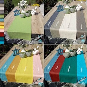 Könnte beinhalten: Eine Kollektion rechteckiger Tischläufer aus Stoff in zwölf verschiedenen Unifarben, darunter Grün, Grau, Creme, Taupe, Blau, Curry, Zitronengelb, Rosa, Rostrot, Smaragdgrün und Türkis, jeweils mit einer Nummer und einem Farbnamen versehen.