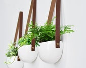 Set Of 3 Brown Tan Leather Strap Hanging Planters, Wall Mounted Vase, White Ceramic Wall Vase, Leather Flower Pot, Vase, Container