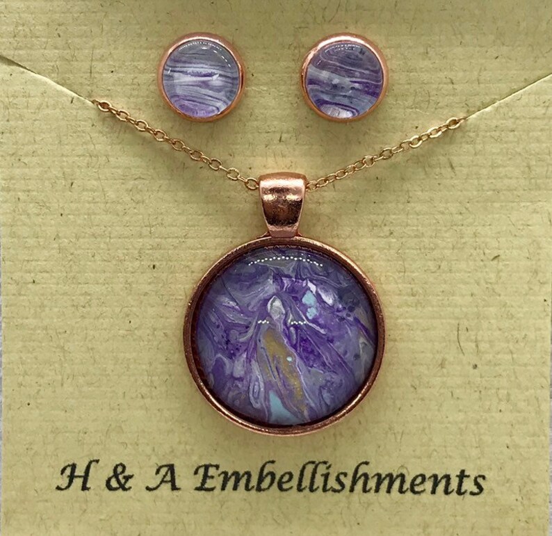 Hand painted rose gold necklace and earring set # 155