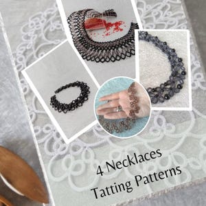 May include: Four black and brown crocheted necklaces with the text "4 Necklaces Tatting Patterns".