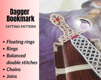 Bookmark tatting pattern, Tutorial for decorative page marker, Tatted book shelf Halloween decoration for fantasy mystery reader Altar prop