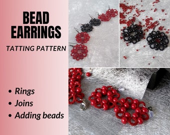 Bead earrings tatting pattern. Beginner shuttle and needle tatters. Tutorial for easy tatted lace jewelry with large beads and cotton thread