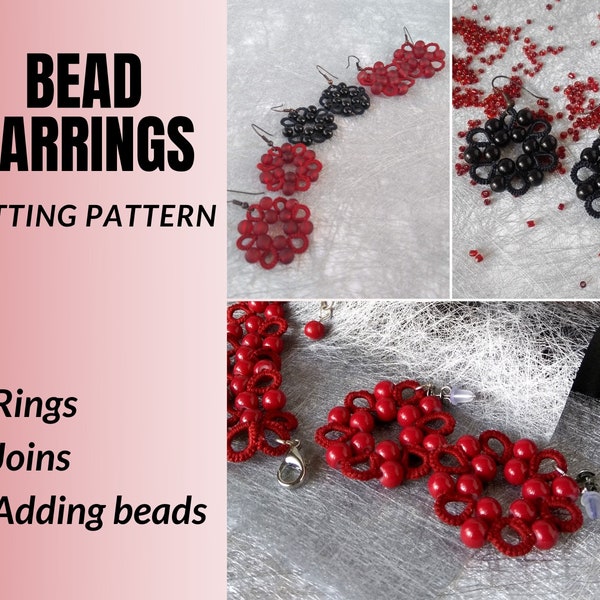 Bead earrings tatting pattern. Beginner shuttle and needle tatters. Tutorial for easy tatted lace jewelry with large beads and cotton thread