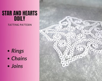 Star and hearts doily tatting pattern PDF. Instructions for shuttle or needle tatters. Cotton thread coaster. Tabletop center peace decor