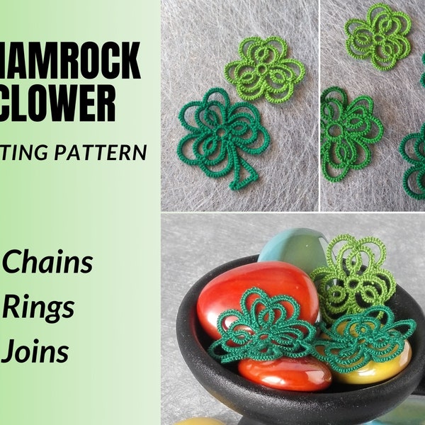Shamrock With Stem Tatting Pattern. Lucky Charm Clover Tutorial For Beginner Shuttle And Needle Tatters St. Patrick Day Gift For Irish Wife