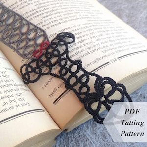 May include: A black and gray tatting bookmark with a red bow. The bookmark is laying on a book with the text "PDF Tatting Pattern" visible in the bottom right corner of the image.