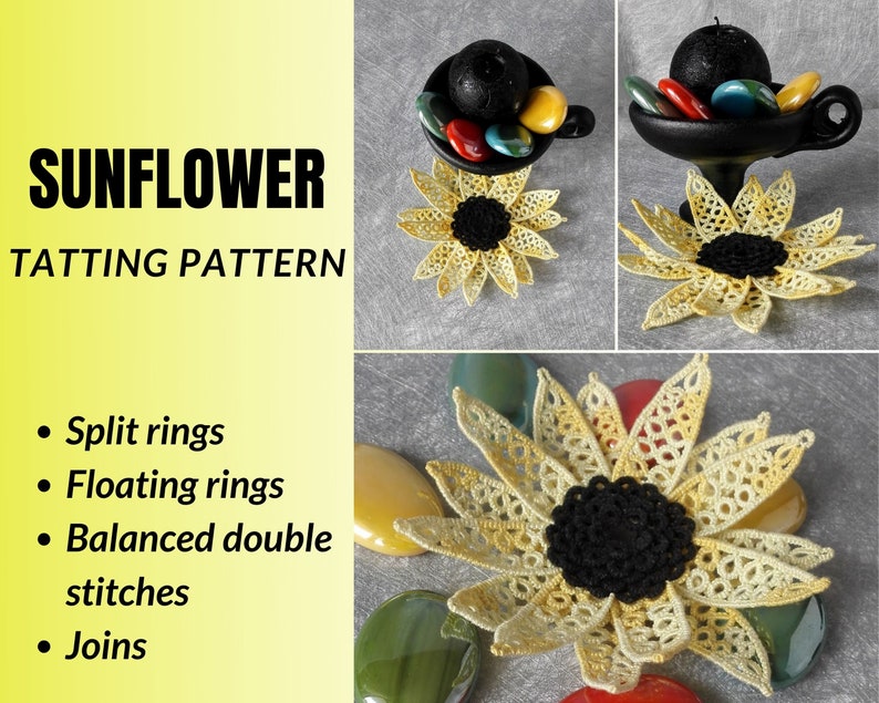 Sunflower Tatting Pattern. Tatted Lace Flower PDF Instructions With Diagram For Experienced Shuttle And Needle Tatters Handmade Gift For Her image 1