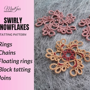 Swirly snowflake tatting pattern PDF. Tutorial for shuttle or needle tatters. Tatted lace Christmas ornament. Winter motif decorations