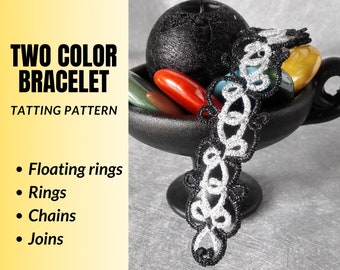Two color bracelet tatting pattern PDF. Tutorial for choker or cuff with overlapping rings for shuttle needle tatters. Tatted lace jewelry