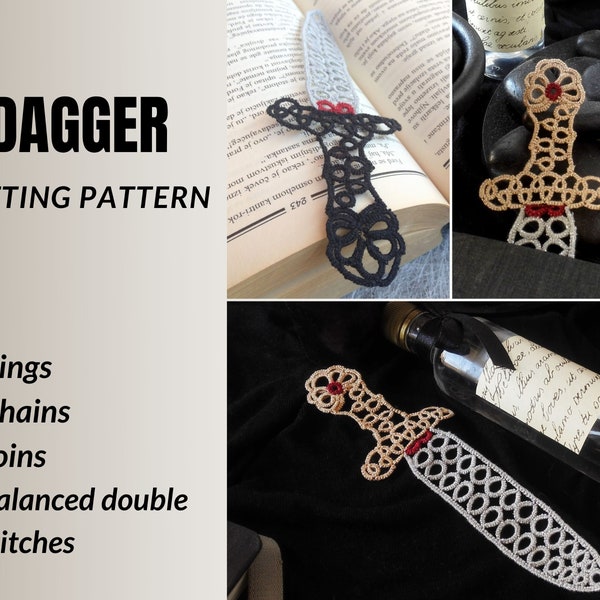 PDF Tatting Pattern Bookmark Dagger, Tutorial For Decorative Knife, Tatted Sword Book Marker For Fantasy Mystery Reader, Wicca Altar Decor